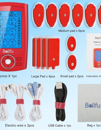 Belifu Dual Channel TENS EMS Unit with 12 Pads, 24 Modes Muscle Stimulator, Electronic Pulse Massager Muscle Massager for Pain Relief Therapy, Fastening Cable Ties, Dust-Proof Drawstring Storage Bag